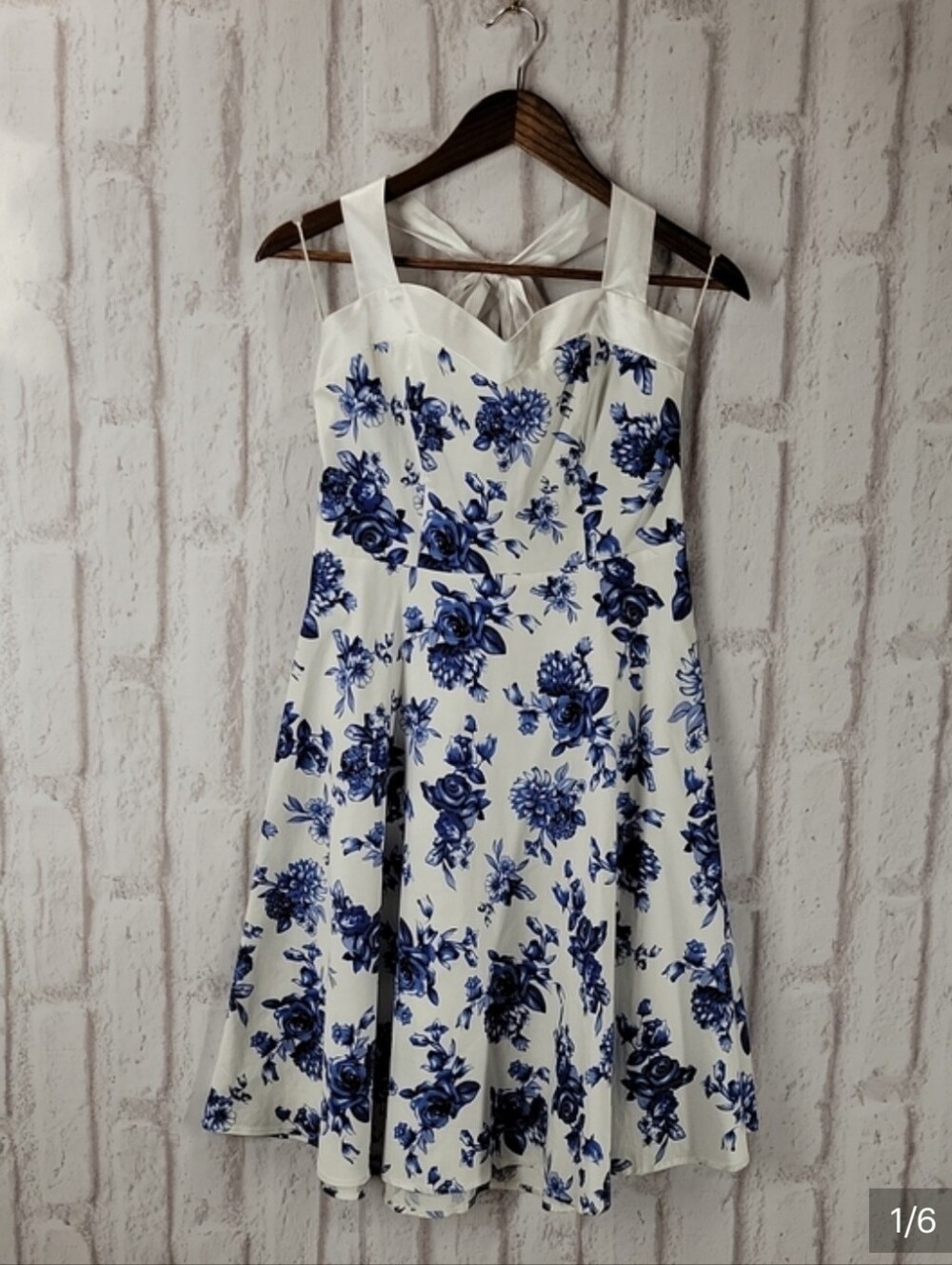 White Midi Dress with Blue Floral Print and Sweetheart Bodice - Picture 7 of 7